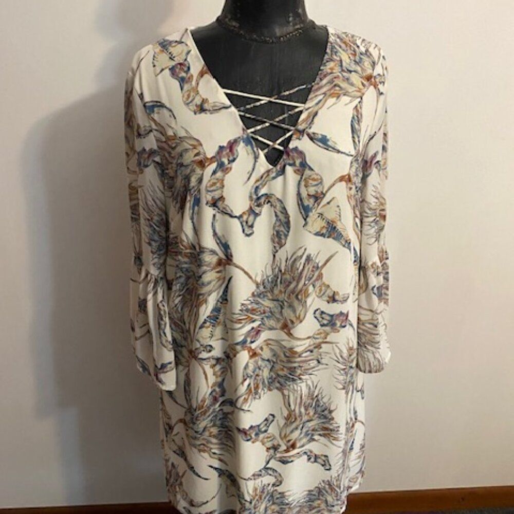Fab'rik White Leaf Print Silk Blend bell sleeves dress, size L